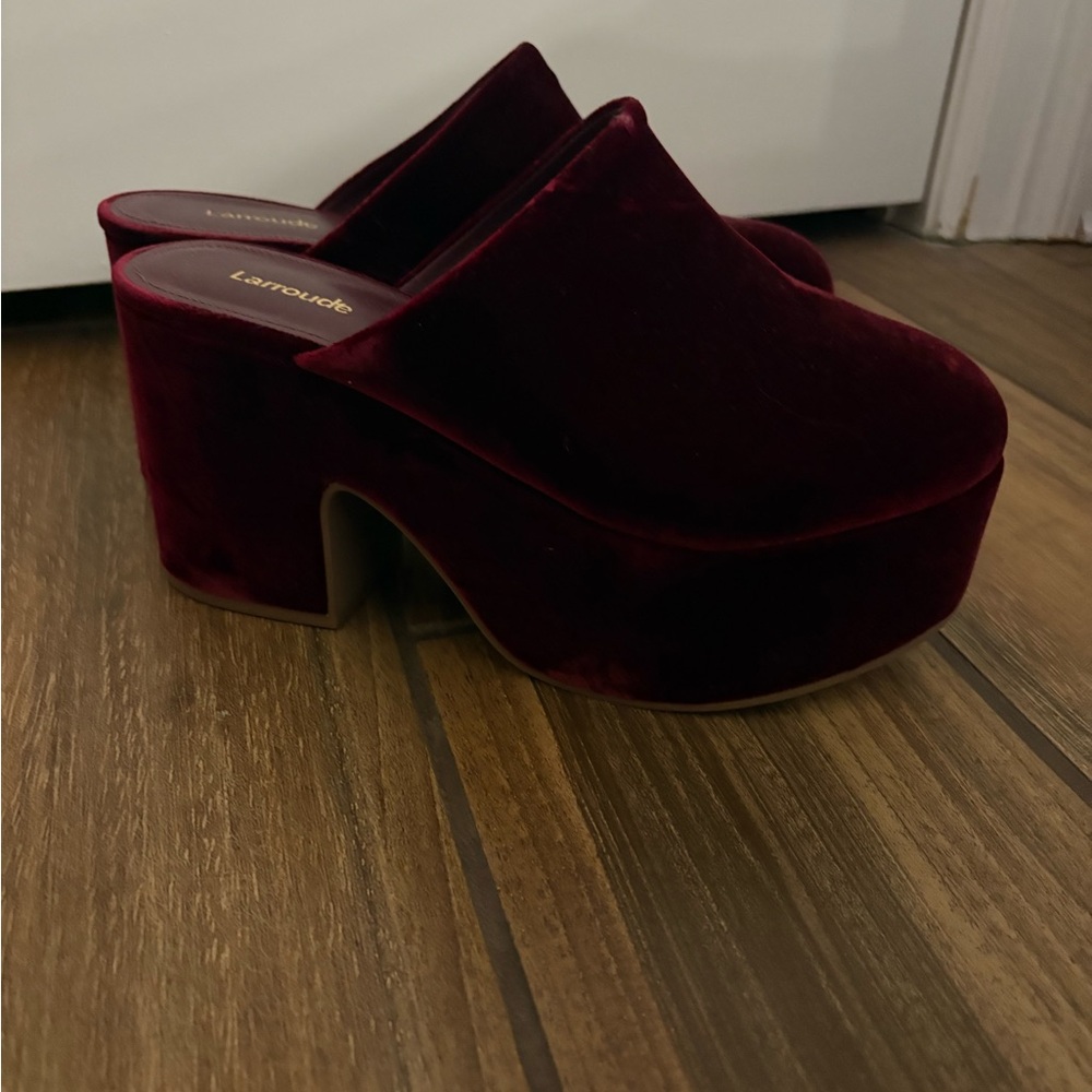 Larroude Wine Velvet Platform Mules